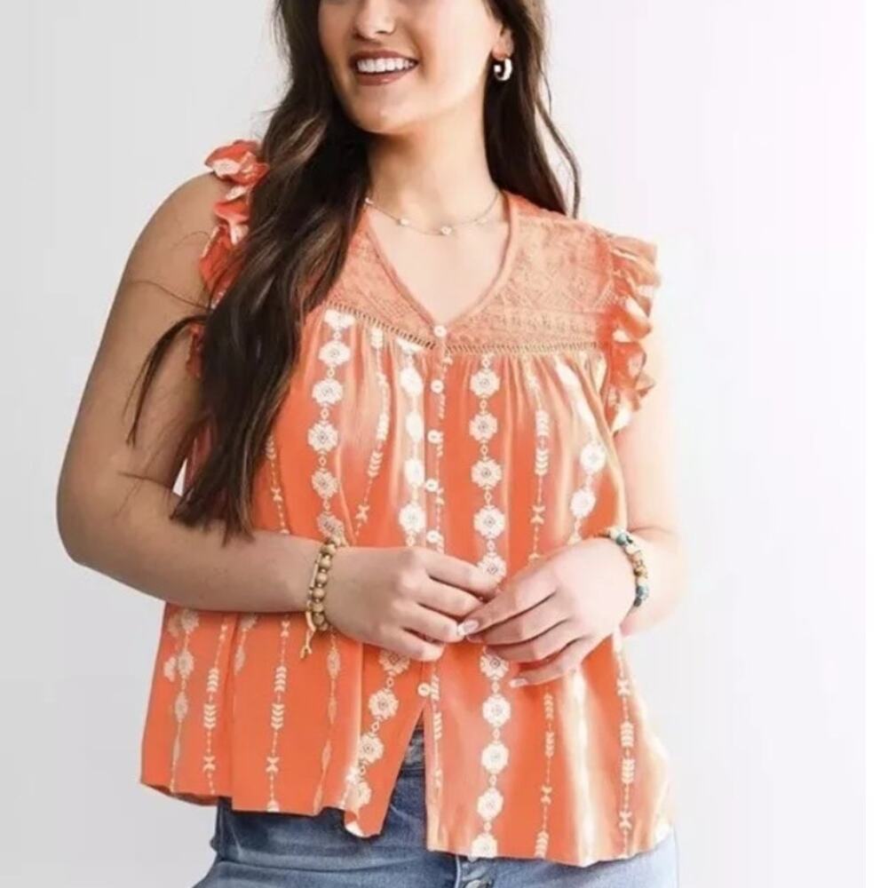 Miss Me Embroidered Tank Womens Large Coral Orange Lace Gauze Boho Floral Top